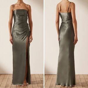 Shona Joy La Lune Olive Satin Ruched High Slit Formal Maxi Dress Gown